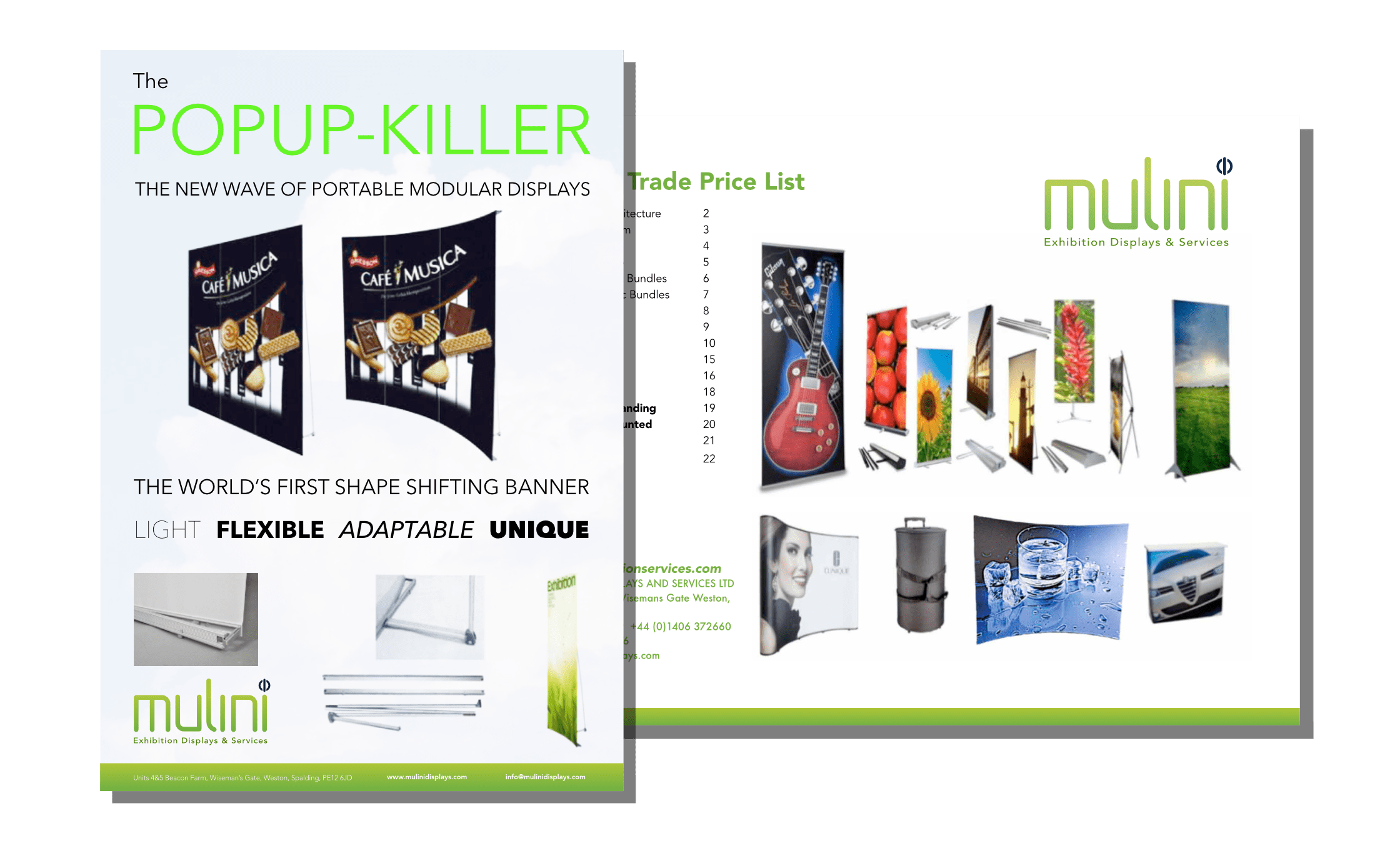 Front of Mulini flyer, and cover of price list